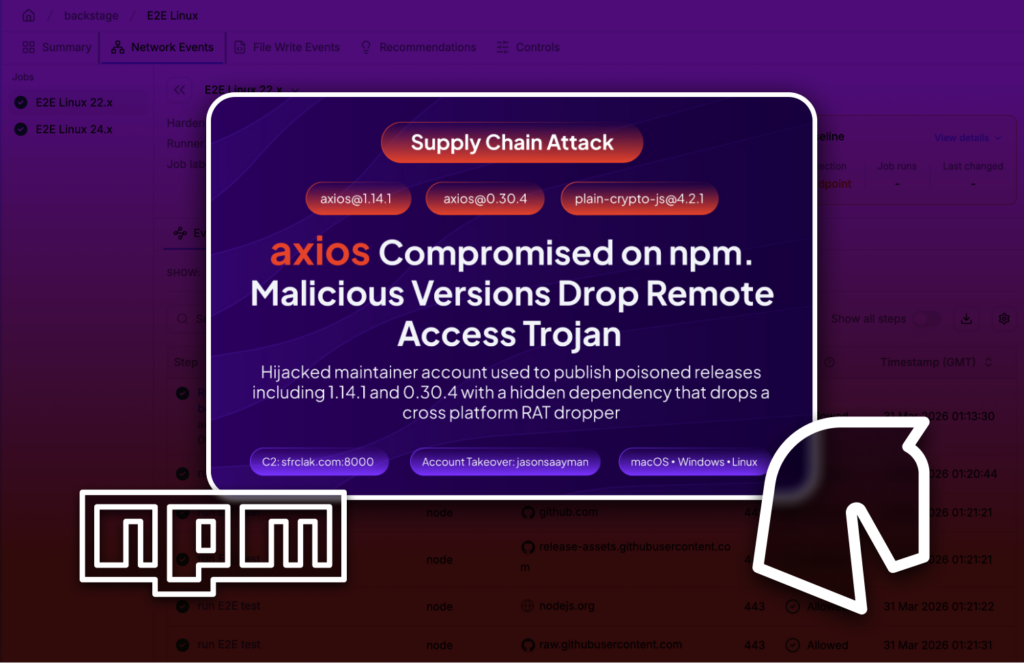Imagem destacada sobre ataque à cadeia de suprimentos mostrando o alerta ‘Axios compromised on npm’, com referência às versões 1.14.1 e 0.30.4 e à distribuição de um trojan de acesso remoto.