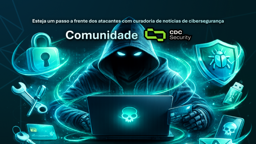 Ilustração conceitual de cibersegurança mostrando uma figura encapuzada diante de um notebook, cercada por ícones digitais de cadeado, escudo, ferramentas e símbolos de proteção, representando ameaças cibernéticas, ataques digitais e monitoramento de ameaças na Comunidade CDC Security.