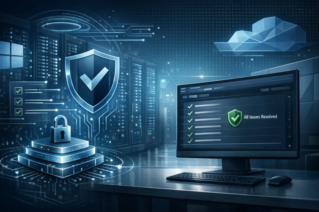 Ilustração corporativa representando o Patch Tuesday de maio de 2026 da Microsoft, com elementos de segurança cibernética, servidores, proteção de sistemas Windows e processo de Secure Boot.