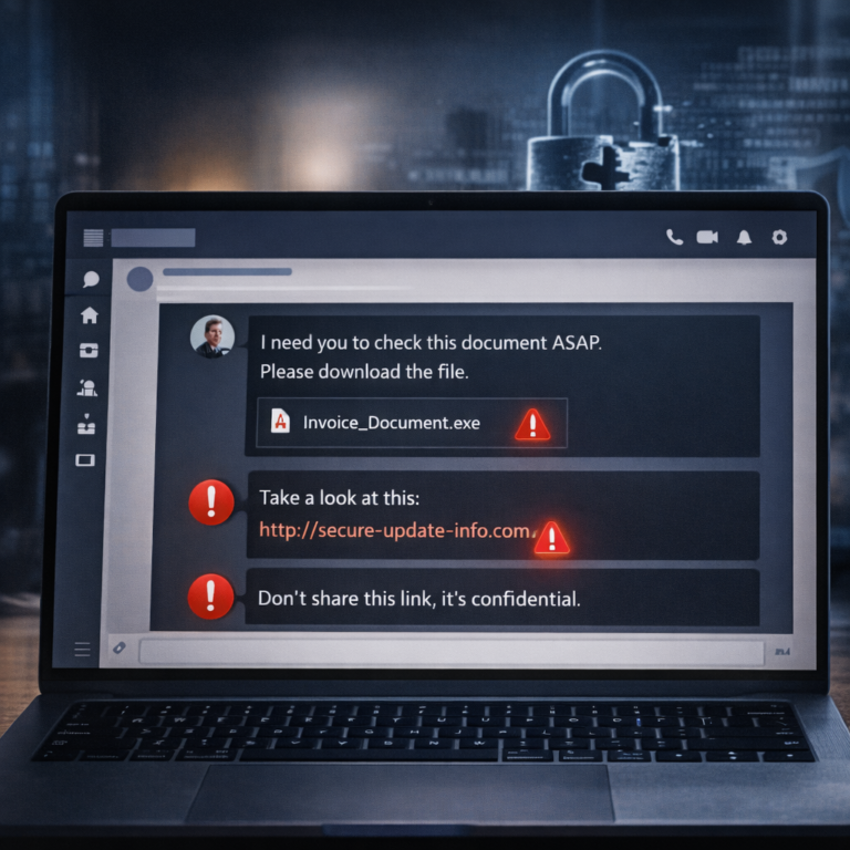 Tela de notebook exibindo uma conversa suspeita no Microsoft Teams, com link malicioso e arquivo executável sinalizados por alertas de segurança.