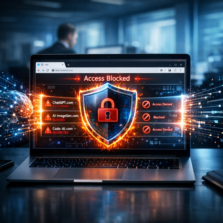 Firewall bloqueando URLs de ferramentas de inteligência artificial em notebook corporativo