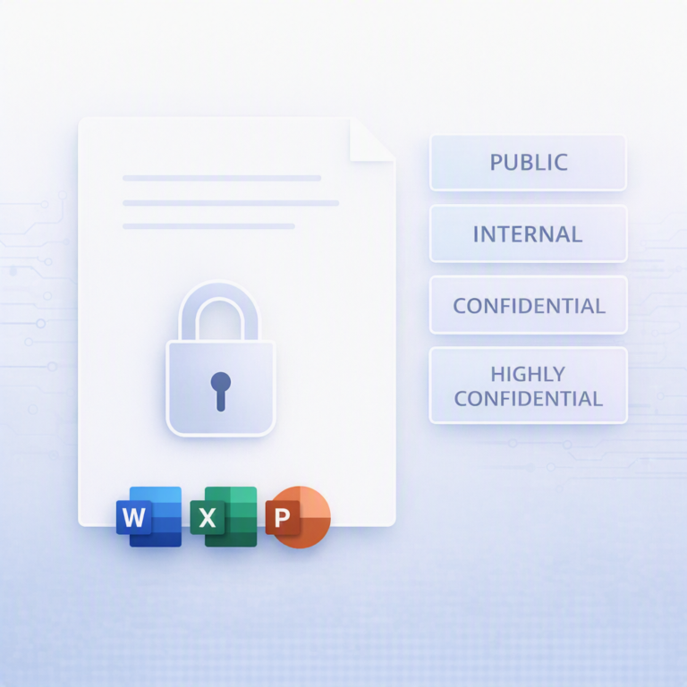 Ilustração de documento digital com cadeado ao centro e níveis de classificação ao lado, incluindo Public, Internal, Confidential e Highly Confidential, representando rotulagem de documentos no Microsoft 365.