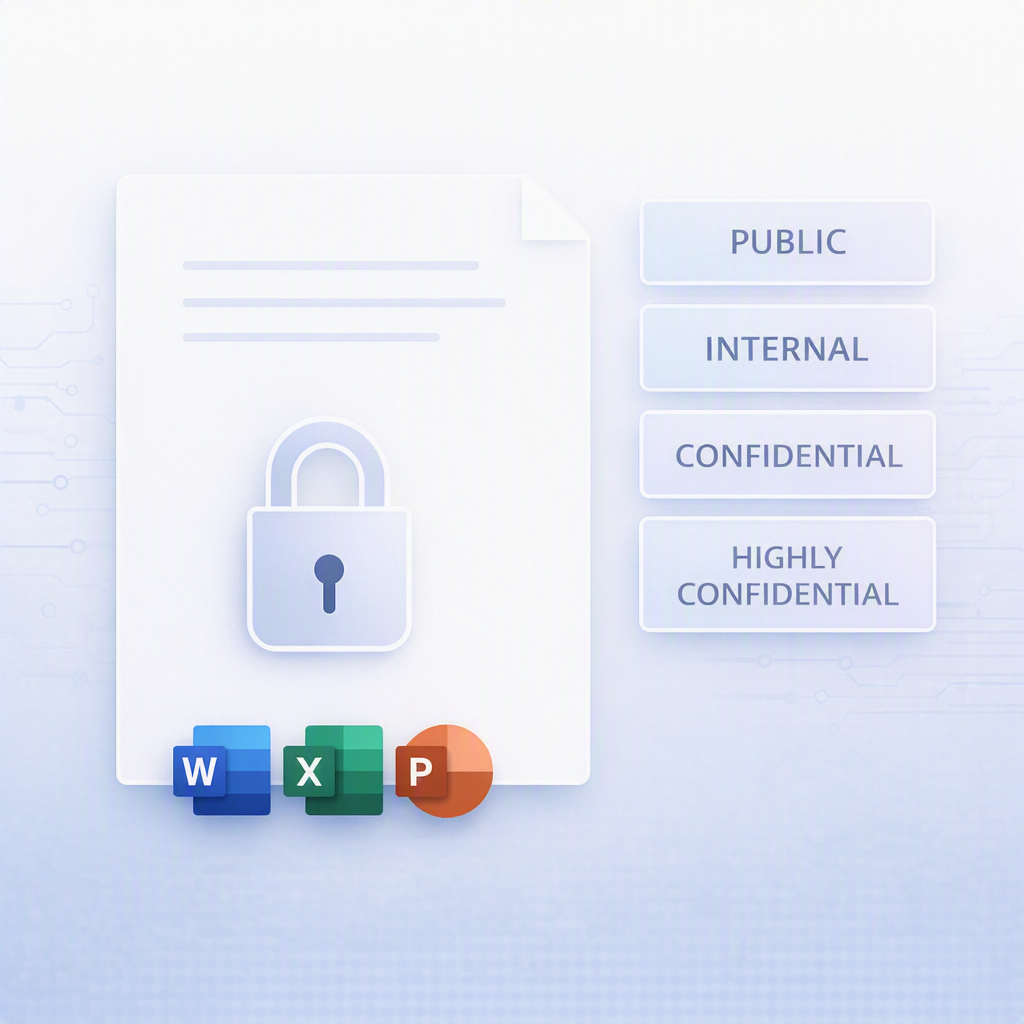 Ilustração de documento digital com cadeado ao centro e níveis de classificação ao lado, incluindo Public, Internal, Confidential e Highly Confidential, representando rotulagem de documentos no Microsoft 365.