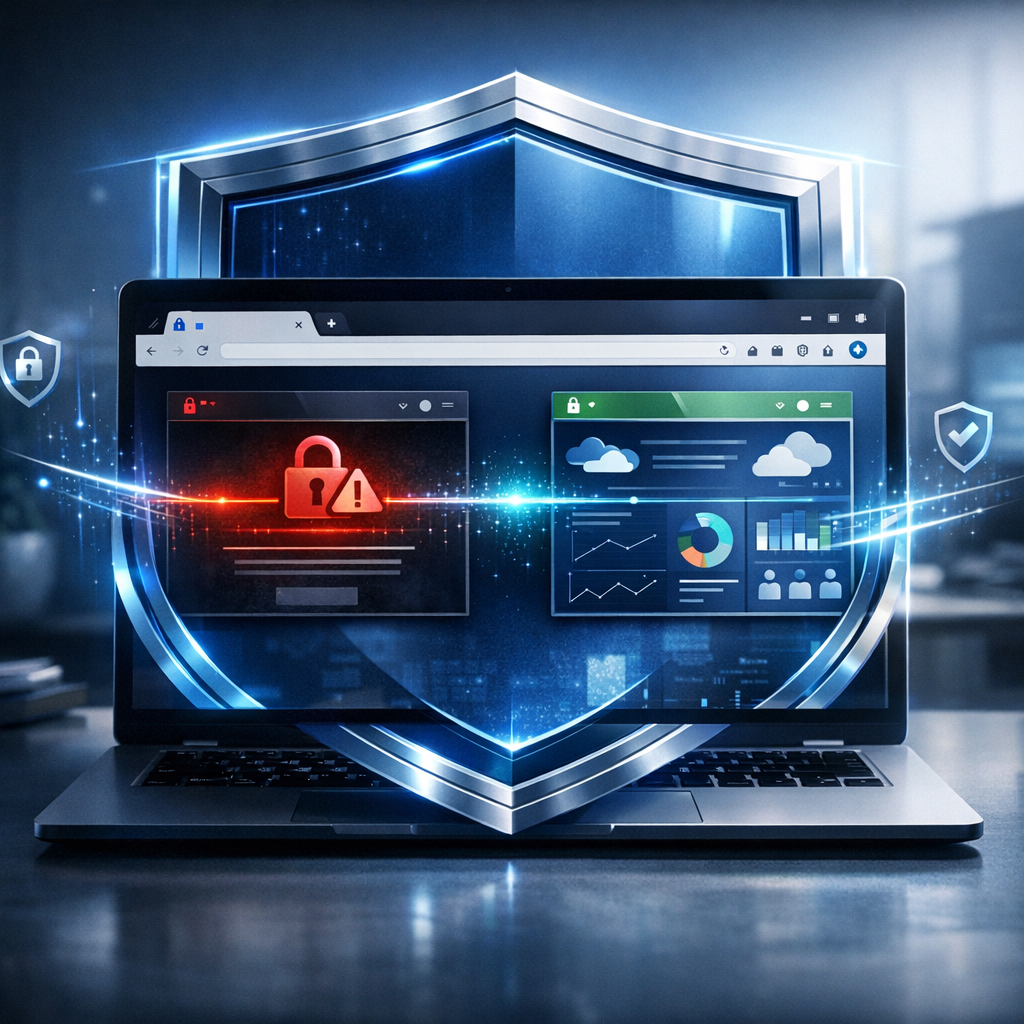 Navegador corporativo seguro com Sophos Workspace bloqueando site malicioso e permitindo acesso a aplicações confiáveis