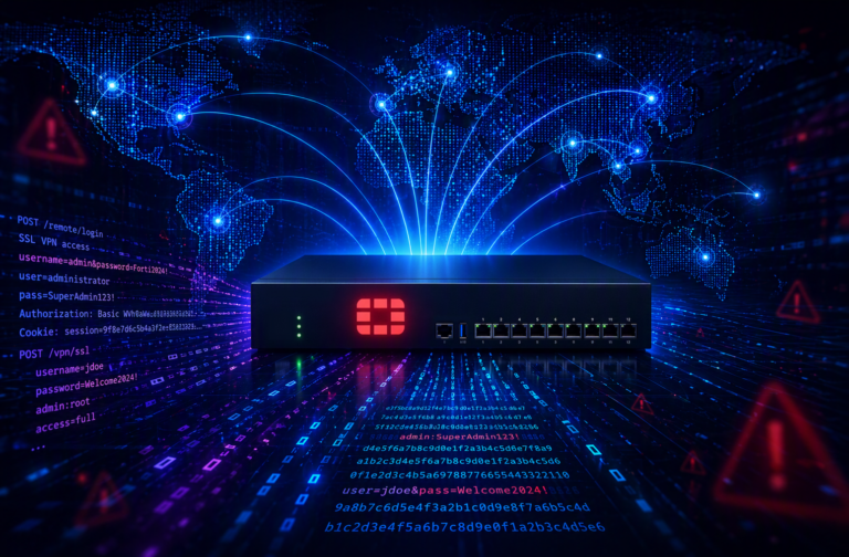Representação de ataque FortiBleed com vazamento de credenciais em firewalls FortiGate conectados globalmente por SSL VPN e internet