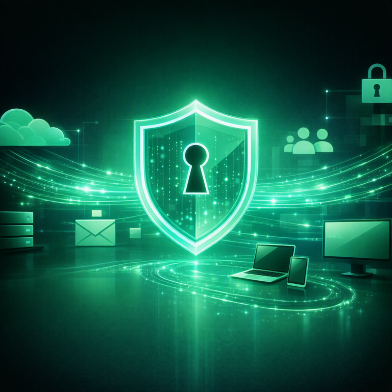 Data Loss Prevention representado por um escudo digital protegendo informações em ambiente corporativo com integração em nuvem