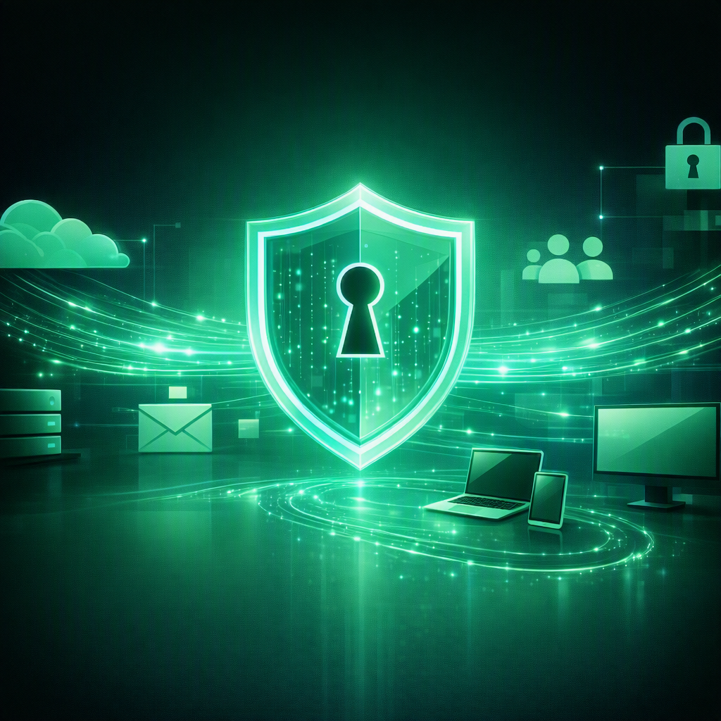 Data Loss Prevention representado por um escudo digital protegendo informações em ambiente corporativo com integração em nuvem