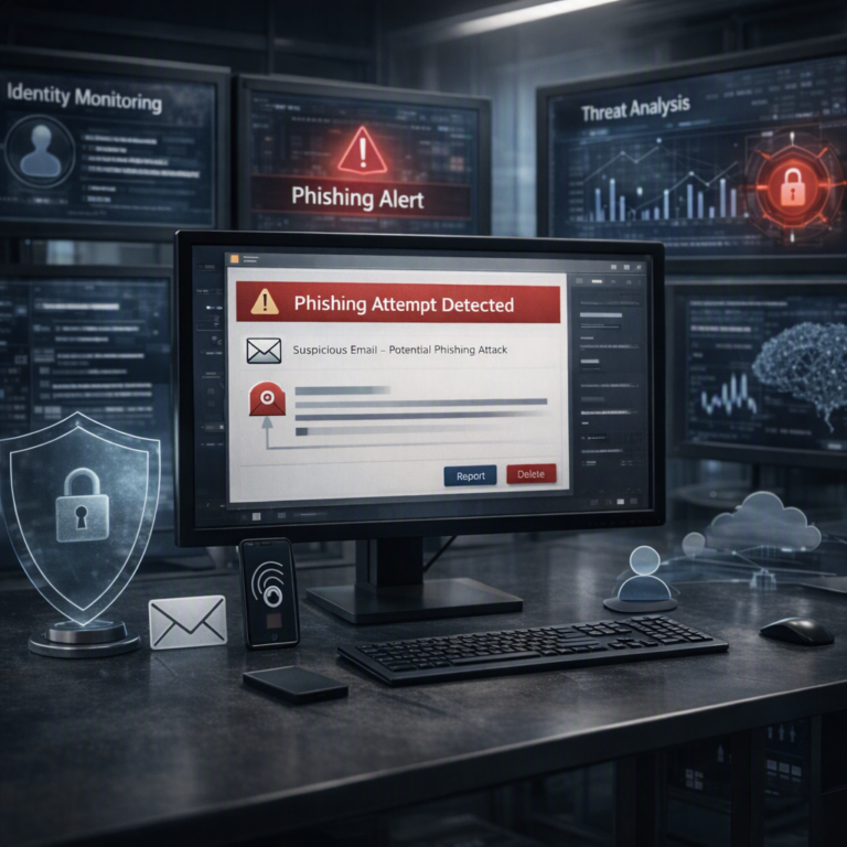 Tela corporativa exibindo alerta de tentativa de phishing corporativo, monitoramento de identidade digital e painéis de análise de ameaças cibernéticas.