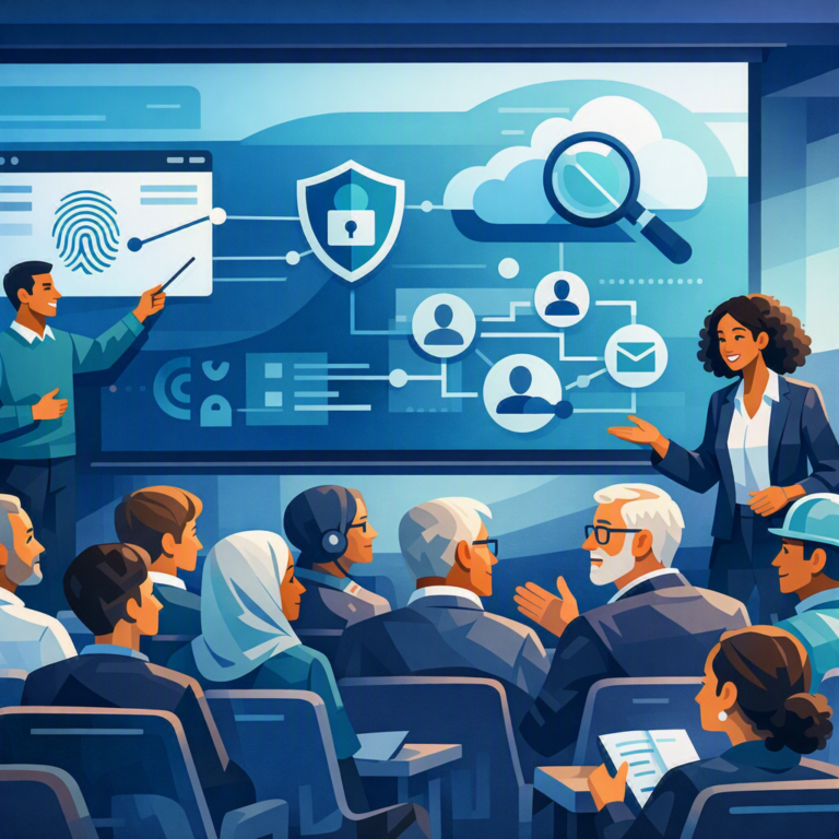 Ilustração corporativa mostrando especialistas em cibersegurança conduzindo uma palestra de conscientização para colaboradores em ambiente empresarial, abordando cultura de segurança, proteção de dados e prevenção a ataques de engenharia social.