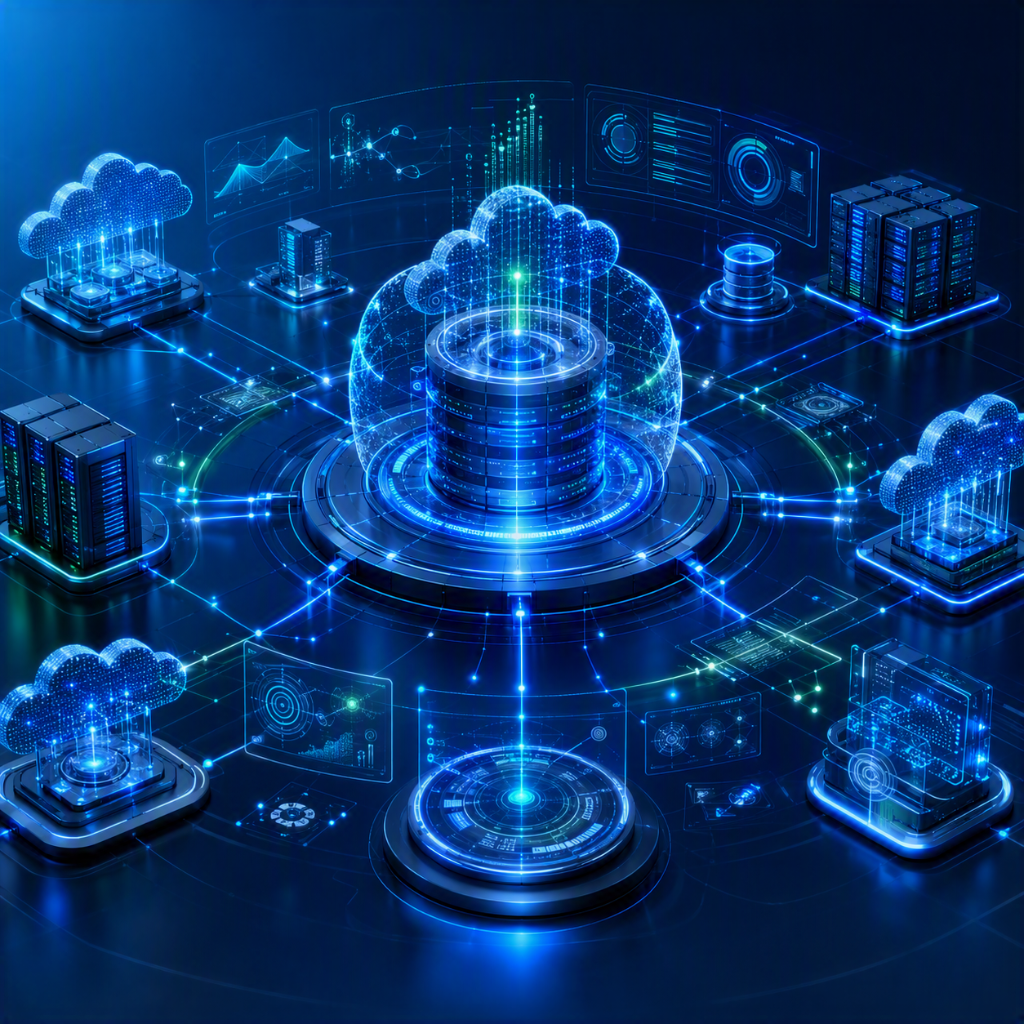 Cyber resilience: infraestrutura digital corporativa conectando datacenter, nuvem e sistemas críticos com proteção de dados, monitoramento contínuo e recursos de recuperação para garantir continuidade operacional.