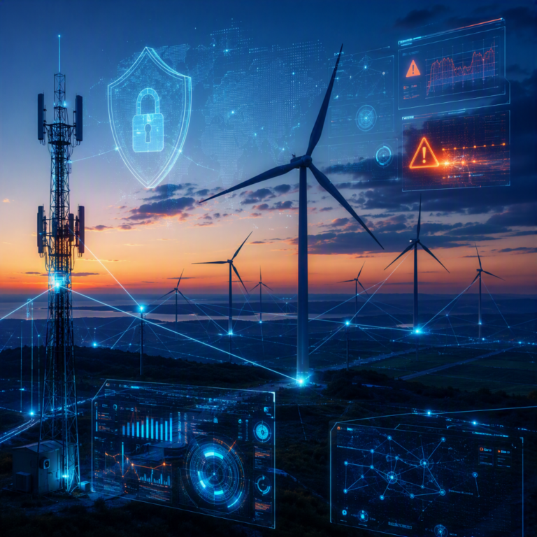 Parque eólico conectado a uma rede celular privada com painéis digitais de monitoramento, alertas de segurança cibernética e elementos visuais de proteção de infraestrutura crítica.