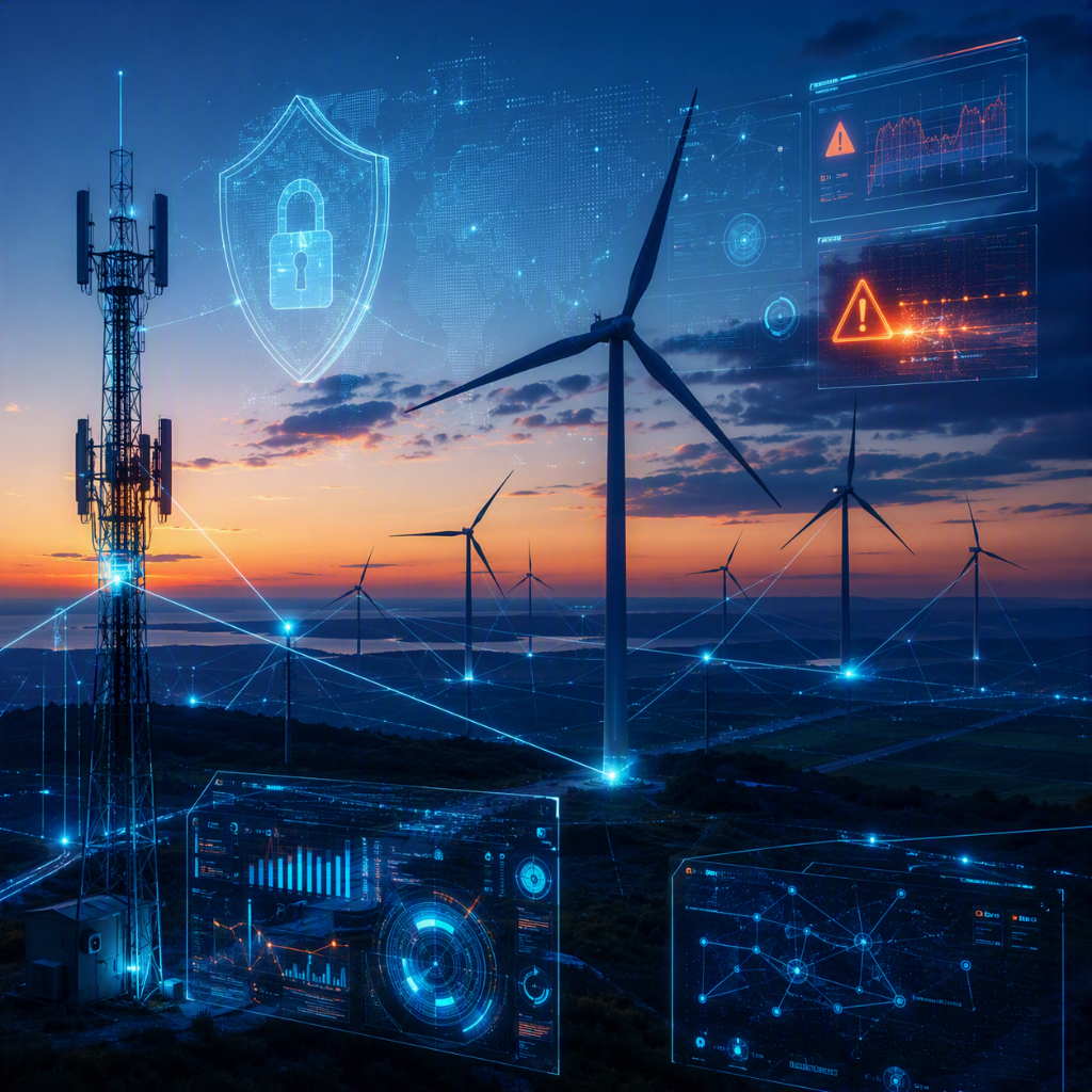 Parque eólico conectado a uma rede celular privada com painéis digitais de monitoramento, alertas de segurança cibernética e elementos visuais de proteção de infraestrutura crítica.
