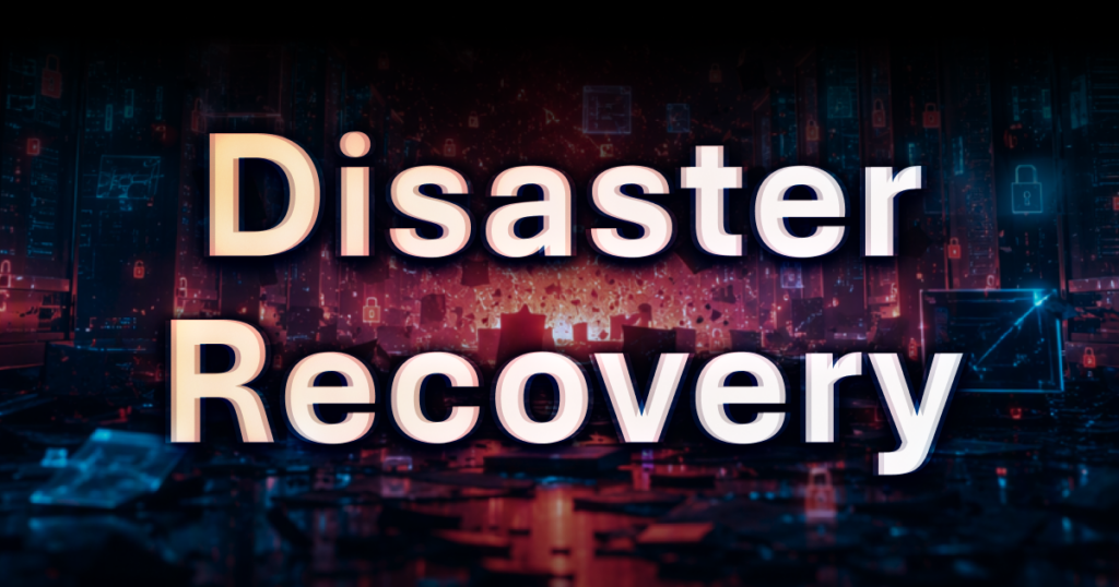 Infraestrutura digital corporativa sob ameaça cibernética representando Disaster Recovery, falha no backup, ransomware, vazamento de dados e recuperação de sistemas críticos.